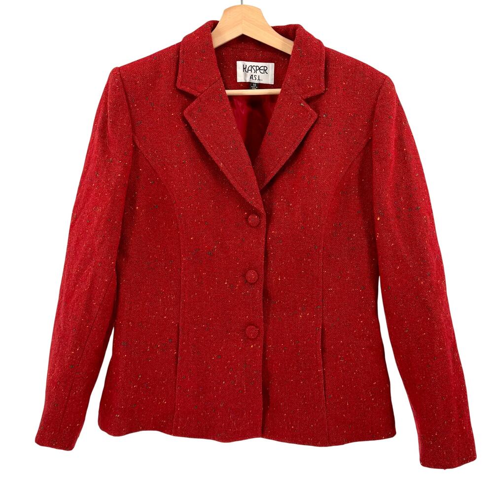 Vintage Y2K Kasper A.S.L. 100% Wool Red Tweed Speckled Fitted Blazer Jacket